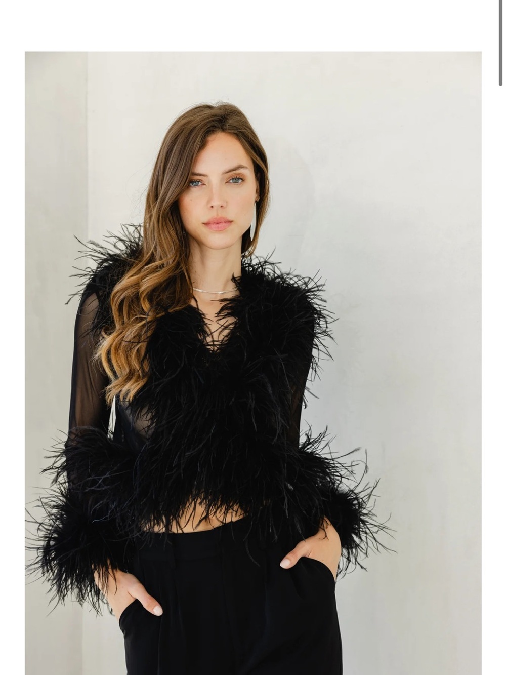 Black Feather-Trim Sheer Long-Sleeve Top